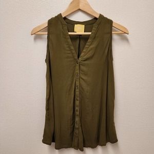 Anthropologie Maeve Olive Green Sleeveless Top Button Down Pleats Womens Size 0